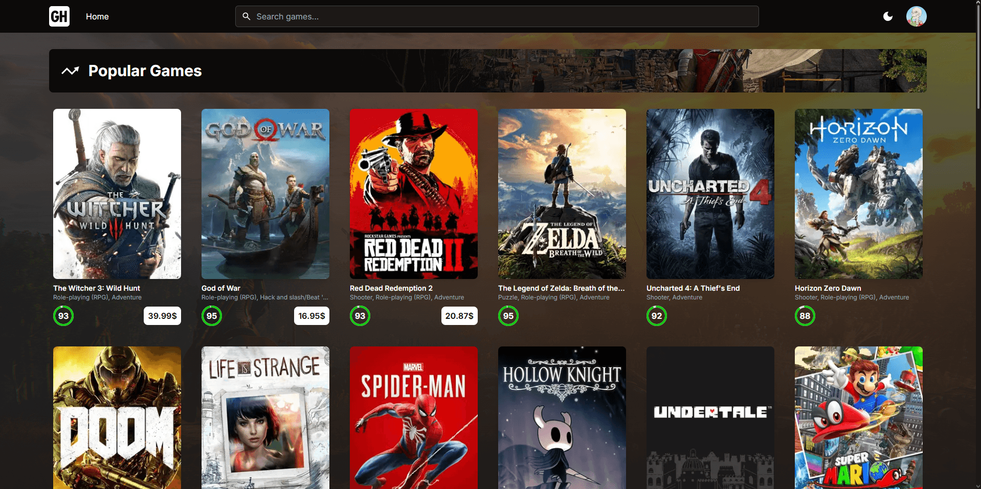 GameHub main page