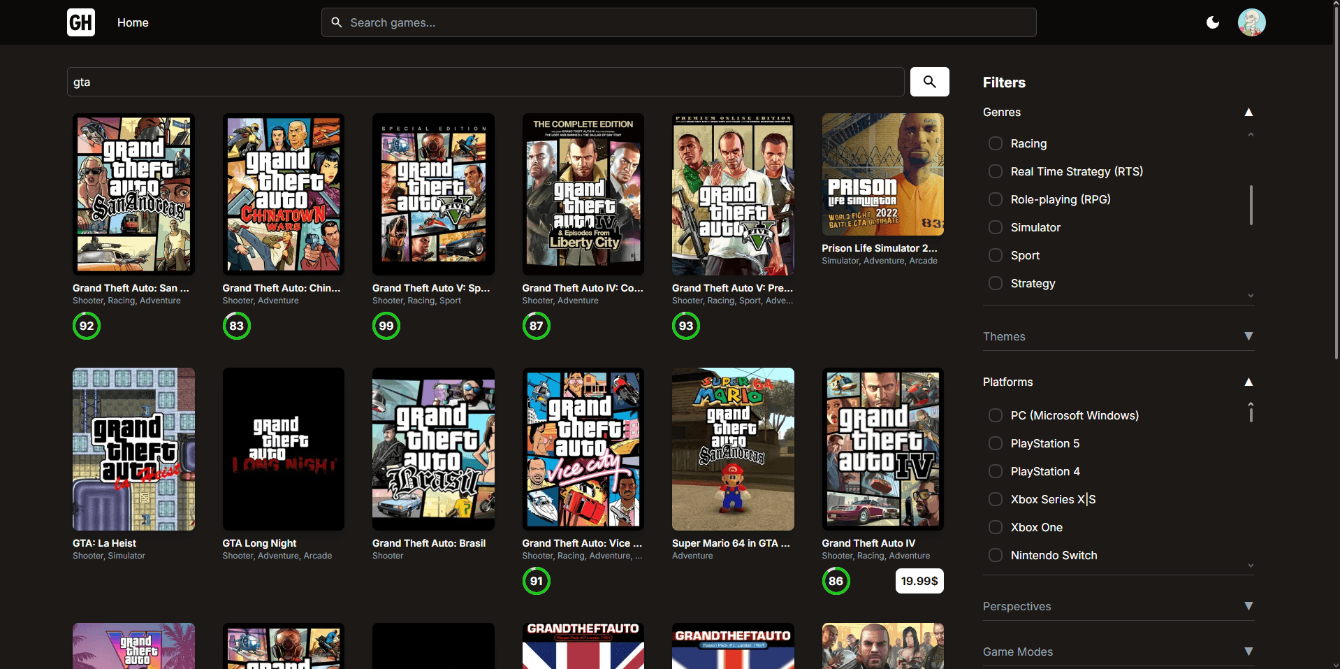 GameHub search page