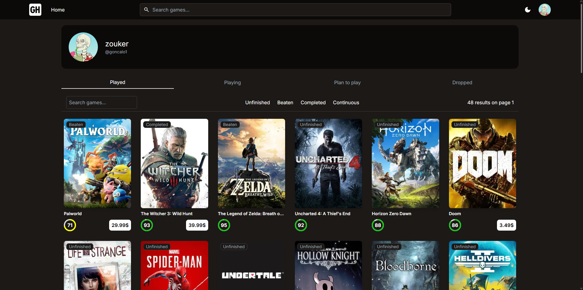 GameHub profile page